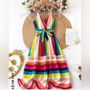 SHEIN Vacay women’s color block striped belted spaghetti strap dress